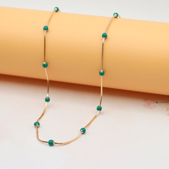 "Rose Gold Necklace with Green Beads Subtle Pop of Color, XPNL0139 - Picture 3 of 12